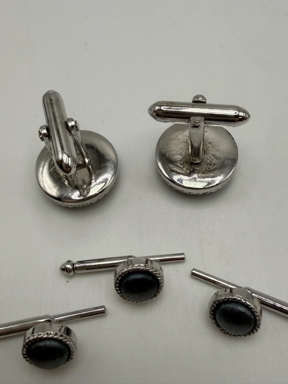 Swank Cufflinks Stud Set Hematite Gray Silver Tone Vintage Formal Set